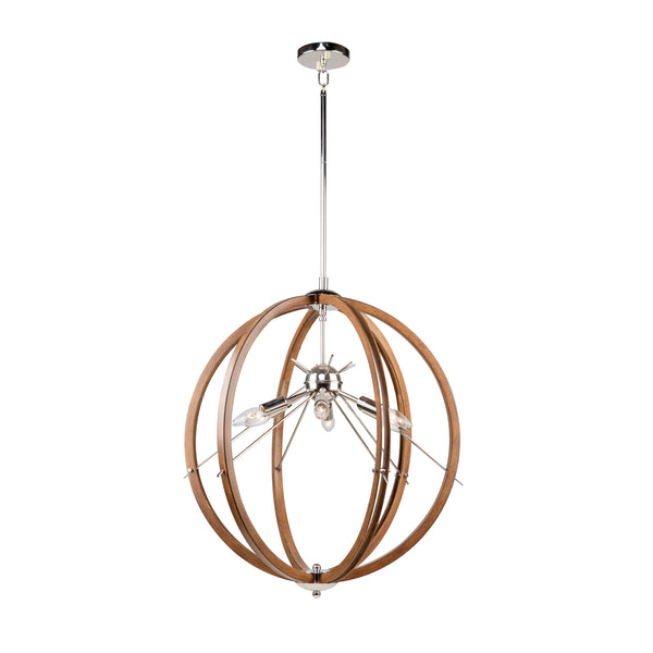 Abbey 6 Light Sphere Pendant in Faux Wood & Polished Nickel