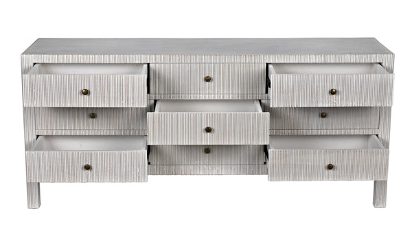 Conrad 9-Drawer Mahogany Dresser with Brass Pulls in White Wash Finish
