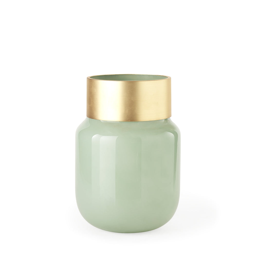 Minty Medium 8.7L x 8.7W x 12.4H Green Glass Vase W/Matte Gold Metal Neck Cuff