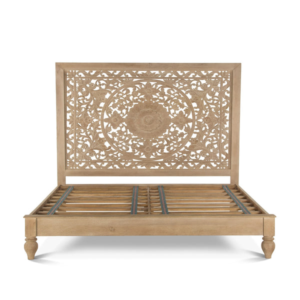 Taj Mango Wood Queen Bed in Natural Whitewash Finish