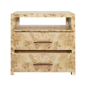 TWO DRAWER SIDE TABLE WITH RATTAN WRAPPED HANDLES IN BURL WOOD