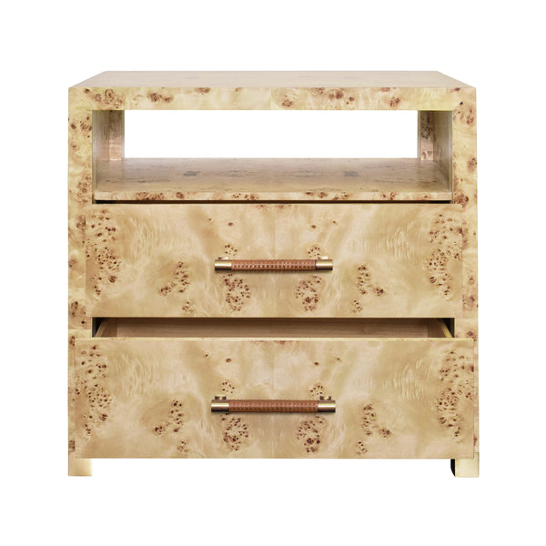 TWO DRAWER SIDE TABLE WITH RATTAN WRAPPED HANDLES IN BURL WOOD