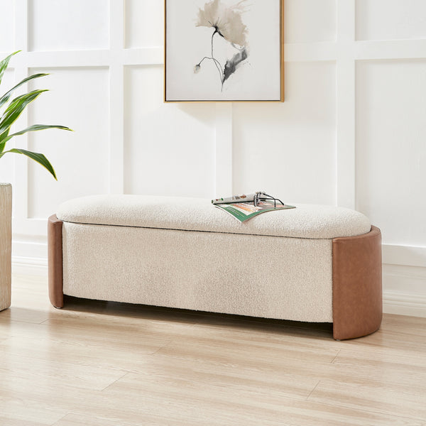 Alyssa Boucle/Faux Leather Storage Bench, Palladian Beige/Vintage Cider