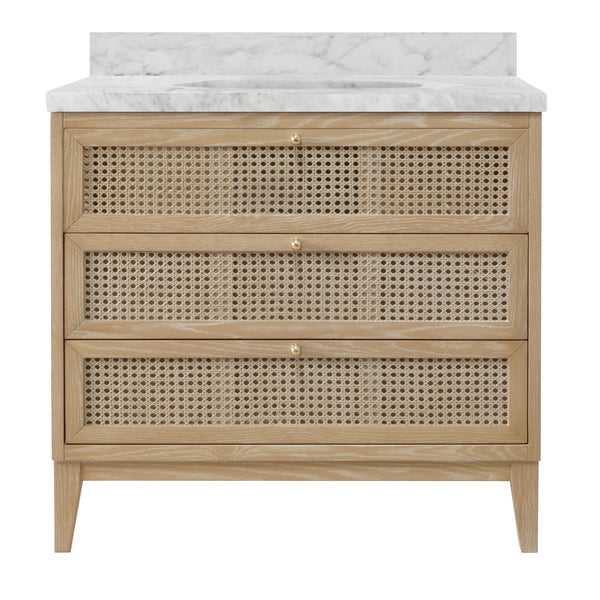 BATH VANITY IN CERUSED OAK WITH CANE FRONT DRAWERS, WHITE MARBLE TOP, AND PORCELAIN SINK