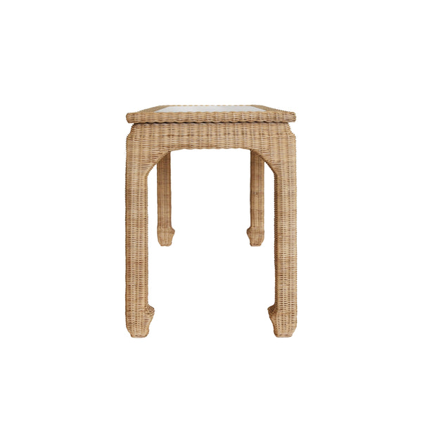 ONE DRAWER MING STYLE DESK IN WOVEN RATTAN WITH GLASS TOP