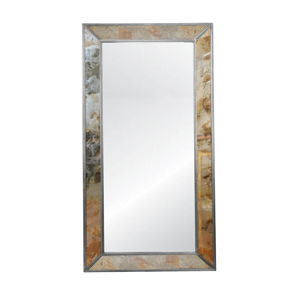 RECTANGULAR ANTIQUED FLOOR MIRROR WITH SILVER LEAFED EDGING