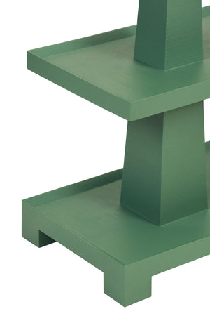 THREE TIER TWO COLUMN CONSOLE IN TEXTURED GREEN LINEN
