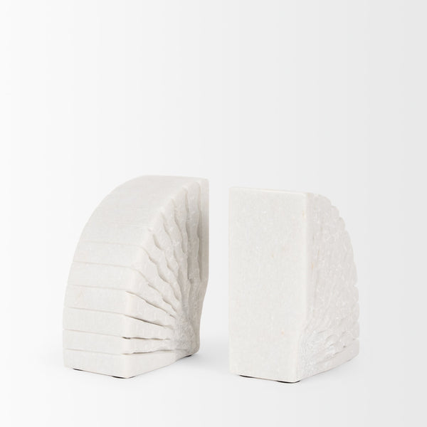 Stept White Marble Bookends w/rough carving (set of 2)