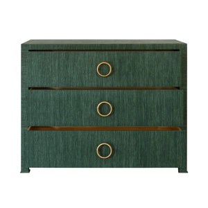 THREE DRAWER CHEST WITH ANTIQUE BRASS CIRCLE HARDWARE IN DYED GREEN GRASSCLOTH