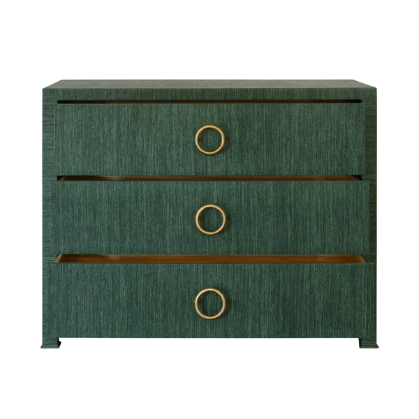 THREE DRAWER CHEST WITH ANTIQUE BRASS CIRCLE HARDWARE IN DYED GREEN GRASSCLOTH