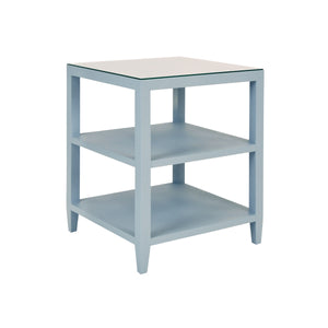 THREE TIER SQUARE SIDE TABLE IN TEXTURED LIGHT BLUE LINEN