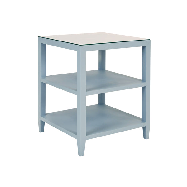 THREE TIER SQUARE SIDE TABLE IN TEXTURED LIGHT BLUE LINEN