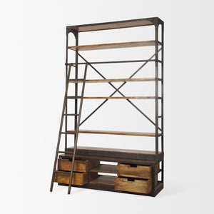 Brodie II Medium Brown Wood Black Ladder Four Shelf Shelving Unit 57L x 20.5W x94H