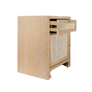 ONE DOOR CABINET WITH CANE DOOR FRONT IN CERUSED OAK