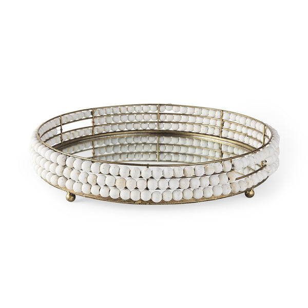 Decatur I 21L x 21W White Wooden Bead Mirrored Bottom Round Tray