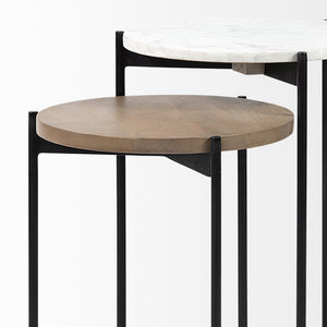 Larkin II Marble and Medium Brown Wood Round Tabletop Nesting End/Side Tables