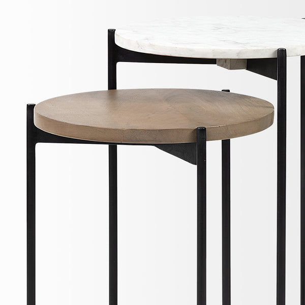 Larkin II Marble and Medium Brown Wood Round Tabletop Nesting End/Side Tables