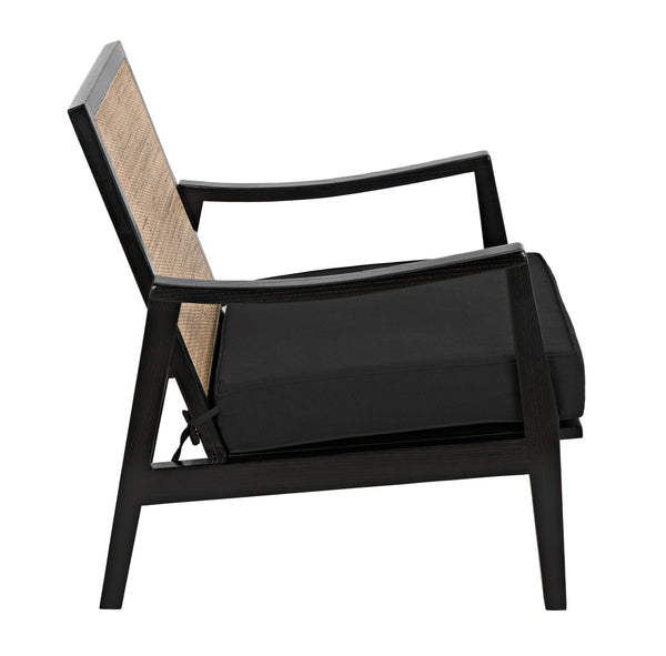 Lichtenstein Sungkai and Mindi Wood Chair with Peeled Rattan Detailing in Charcoal Black with Black Cotton Upholstery