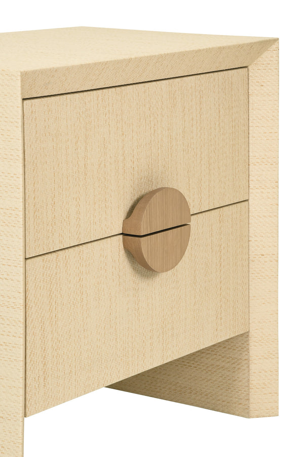 TWO DRAWER SIDE TABLE IN NATURAL GRASSCLOTH WITH CERUSED OAK HANDLES
