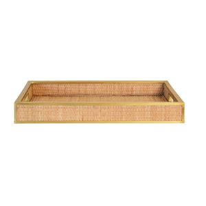 RECTANGULAR NATURAL WICKER RATTAN TRAY WITH FRAMED BRASS EDGE