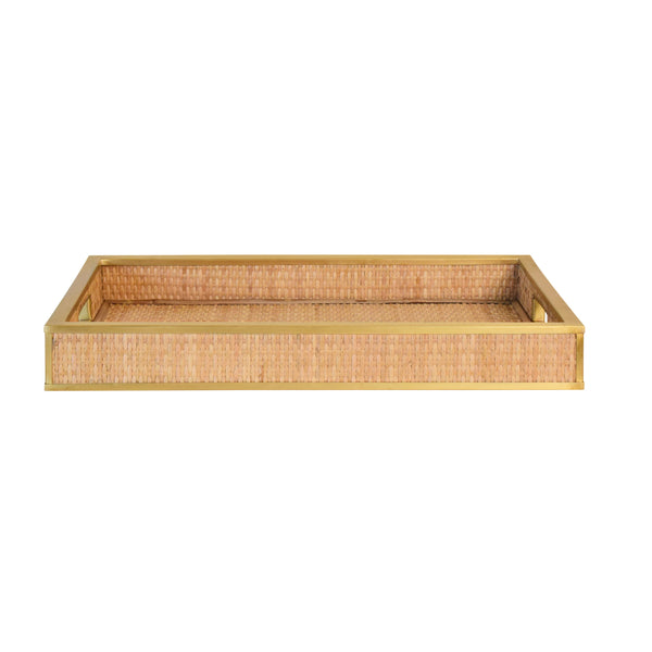 RECTANGULAR NATURAL WICKER RATTAN TRAY WITH FRAMED BRASS EDGE
