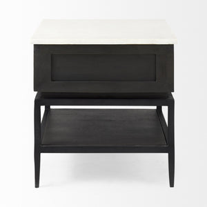 Divina Black-Brown Wood w/ White Marble Top and Black Metal Base 1 Drawer Side Table