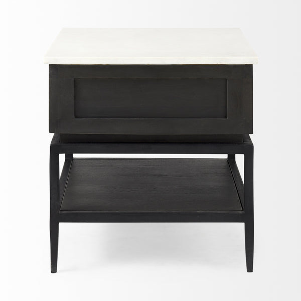 Divina Black-Brown Wood w/ White Marble Top and Black Metal Base 1 Drawer Side Table