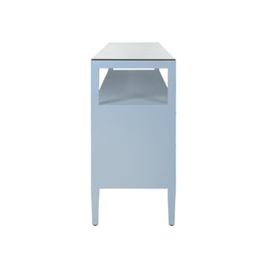 SIX DRAWER CONSOLE WITH OPEN SHELF IN TEXTURED LIGHT BLUE LINEN WITH POLISHED BRASS KNOBS