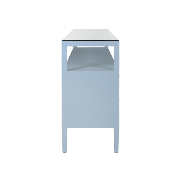 SIX DRAWER CONSOLE WITH OPEN SHELF IN TEXTURED LIGHT BLUE LINEN WITH POLISHED BRASS KNOBS