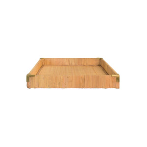 LARGE RECTANGULAR NATURAL RATTAN WRAPPED TRAYS WITH BRASS CORNERS