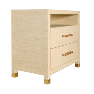 TWO DRAWER SIDE TABLE WITH RATTAN WRAPPED HANDLES IN NATURAL GRASSCLOTH