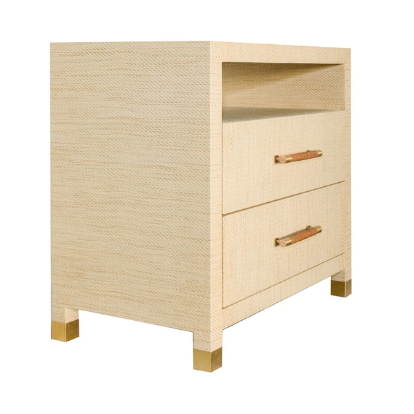 TWO DRAWER SIDE TABLE WITH RATTAN WRAPPED HANDLES IN NATURAL GRASSCLOTH