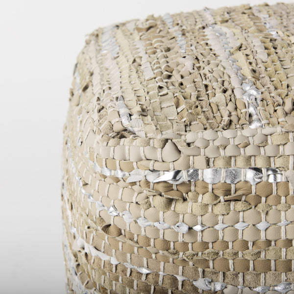 Aadhya 16.0L x 16.0W x 16.0H Taupe/Silver Leather and Cotton Pouf