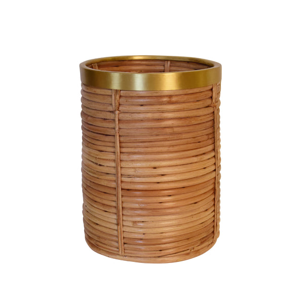 NATURAL RATTAN WASTE BASKET WITH BRASS RIM DETAIL