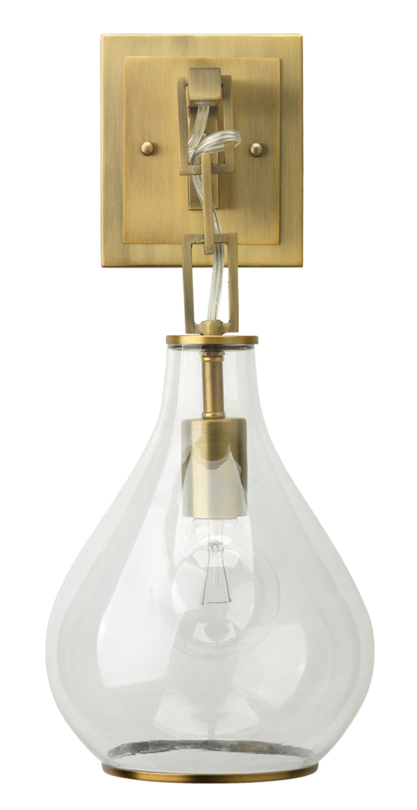 Tear Drop Hanging Wall Sconce, Clear Glass and Antique Brass