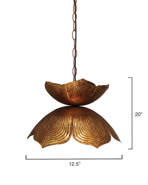 Flowering Lotus 1-Light Iron Pendant, Antique Gold, Large