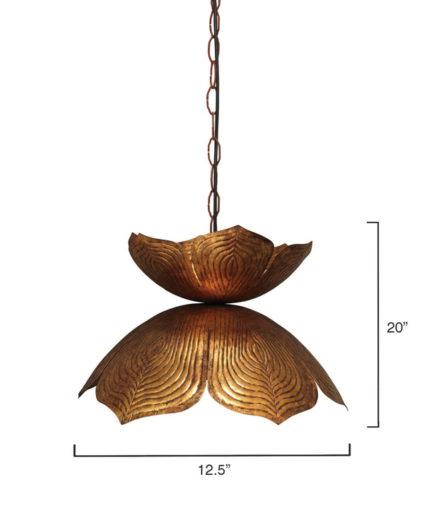 Flowering Lotus 1-Light Iron Pendant, Antique Gold, Large