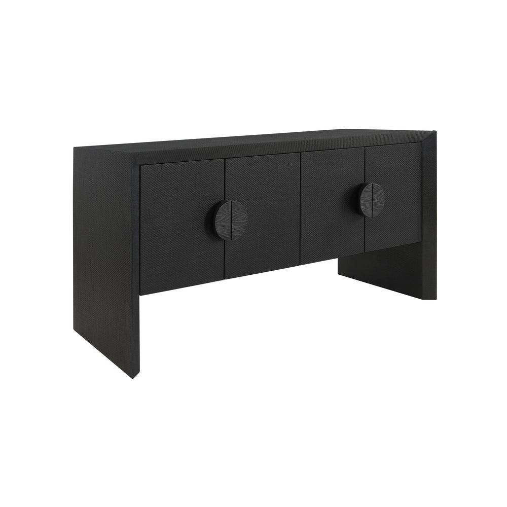 FOUR DOOR BUFFET IN BLACK PAINTED GRASSCLOTH WITH BLACK OAK HANDLES