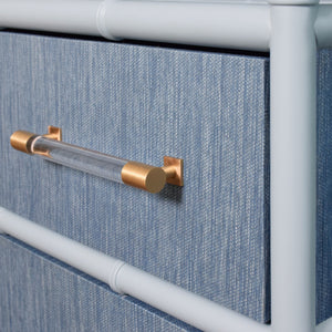 THREE DRAWER ETAGERE WITH BAMBOO DETAIL IN BLUE DYED GRASSCLOTH AND LIGHT BLUE MATTE LACQUER