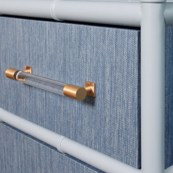 THREE DRAWER ETAGERE WITH BAMBOO DETAIL IN BLUE DYED GRASSCLOTH AND LIGHT BLUE MATTE LACQUER
