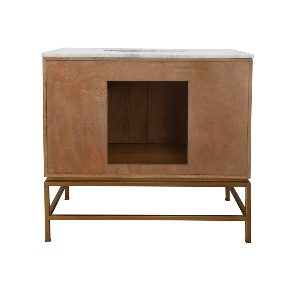 BATH VANITY IN MATTE DARK BURL WOOD AND ANTIQUE BRASS WITH WHITE MARBLE TOP AND PORCELAIN SINK