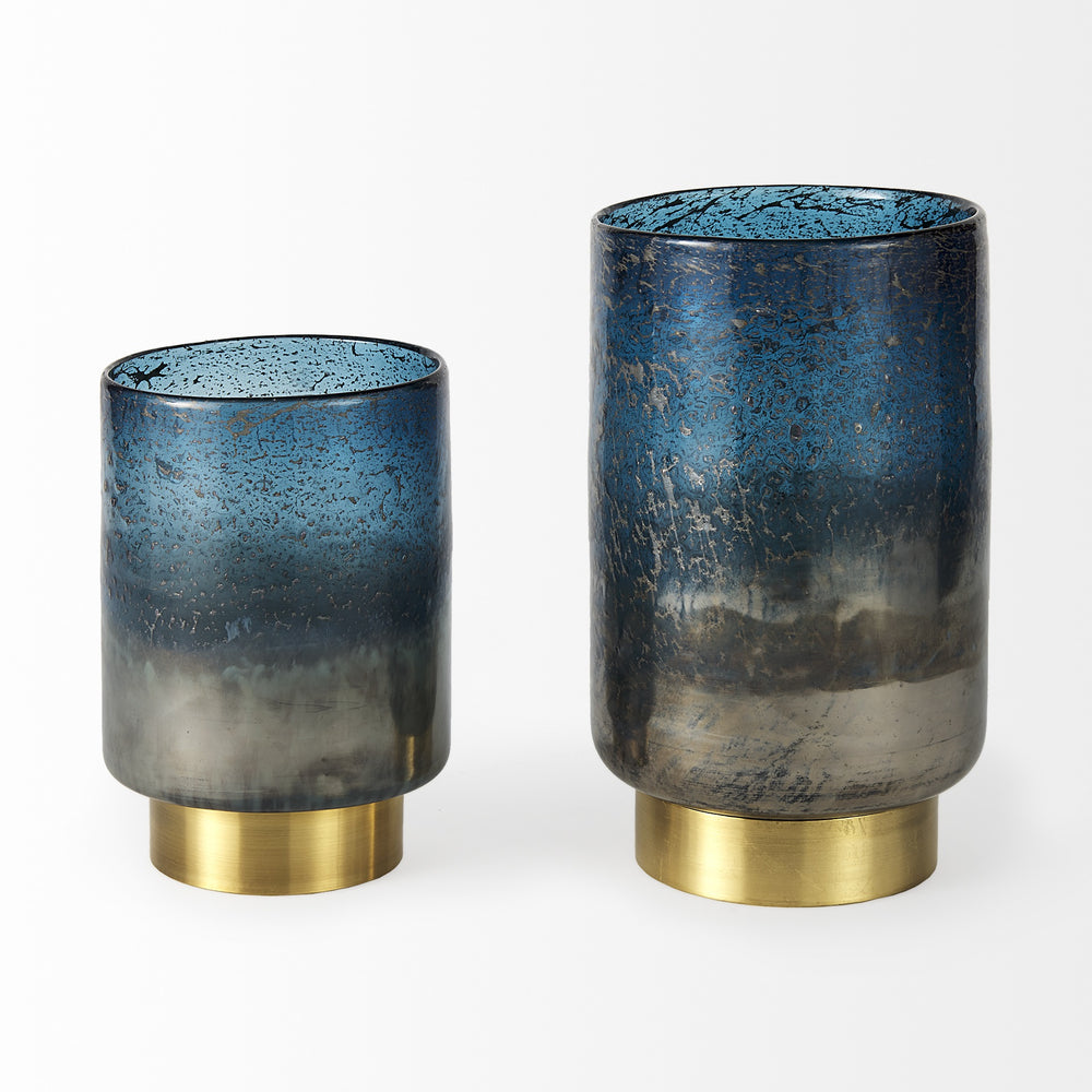 Caspian I Tall Blue Glass Antiqued Brass Bottom Vase