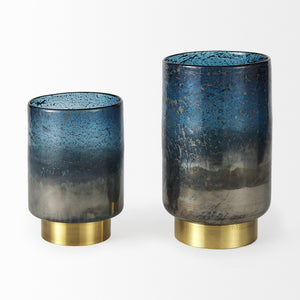 Caspian I Tall Blue Glass Antiqued Brass Bottom Vase