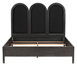 Arch Eastern King Bed in Pale Mahogany with Black Cotton Upholstery and Brass Nailhead Accents