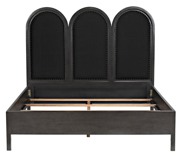 Arch Eastern King Bed in Pale Mahogany with Black Cotton Upholstery and Brass Nailhead Accents