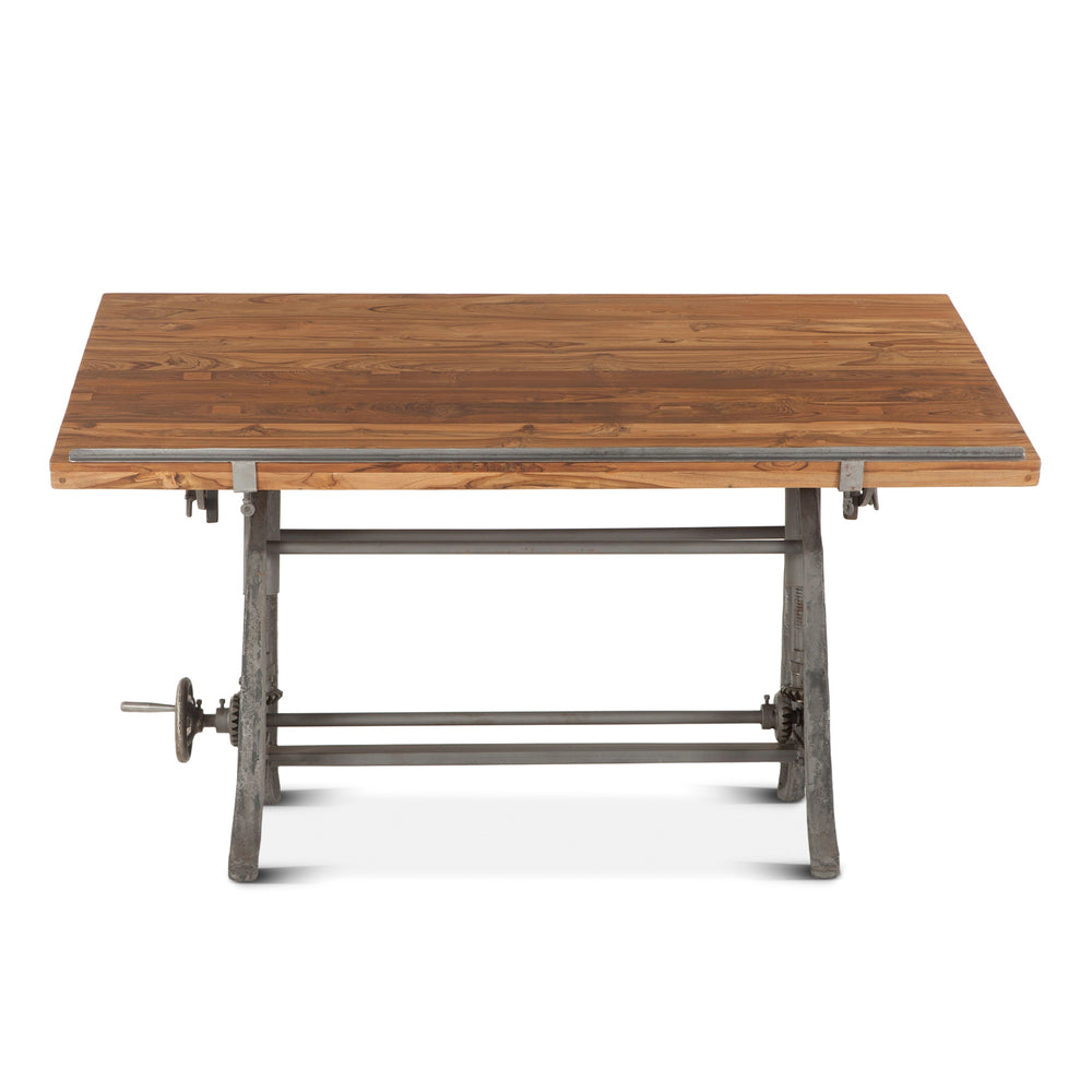 Industrial Loft 62-Inch Reclaimed Teak Wood Drafting Desk with Adjustable Crank