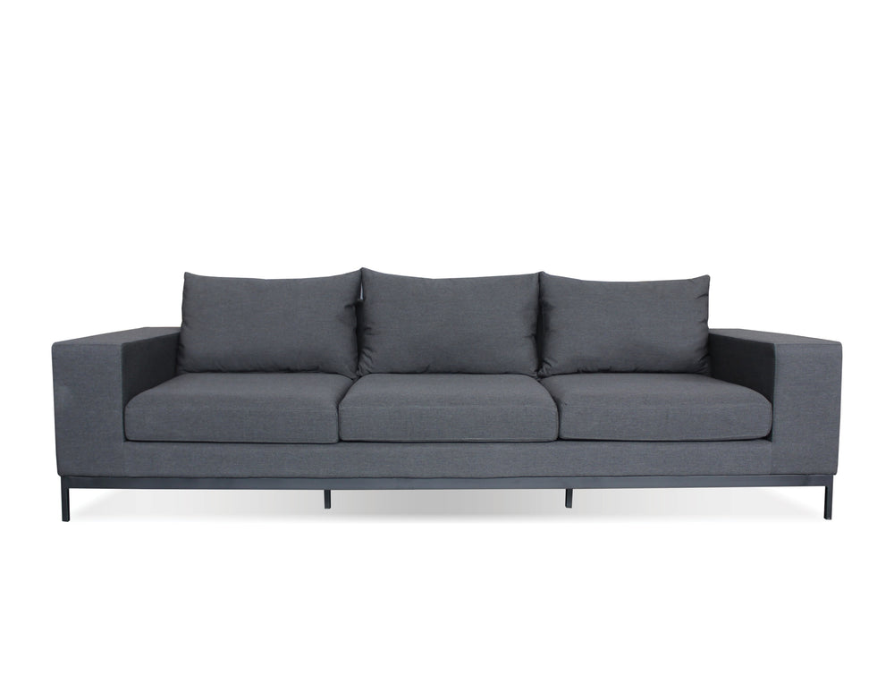 Jericho Sofa in charcoal sunbrella fabric with black frame