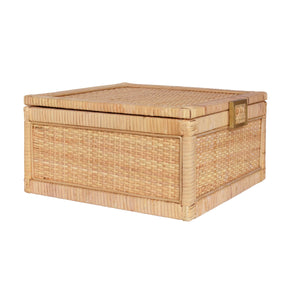 LARGE NATURAL RATTAN DECORATIVE BOX WITH BRASS FOOT CAPS