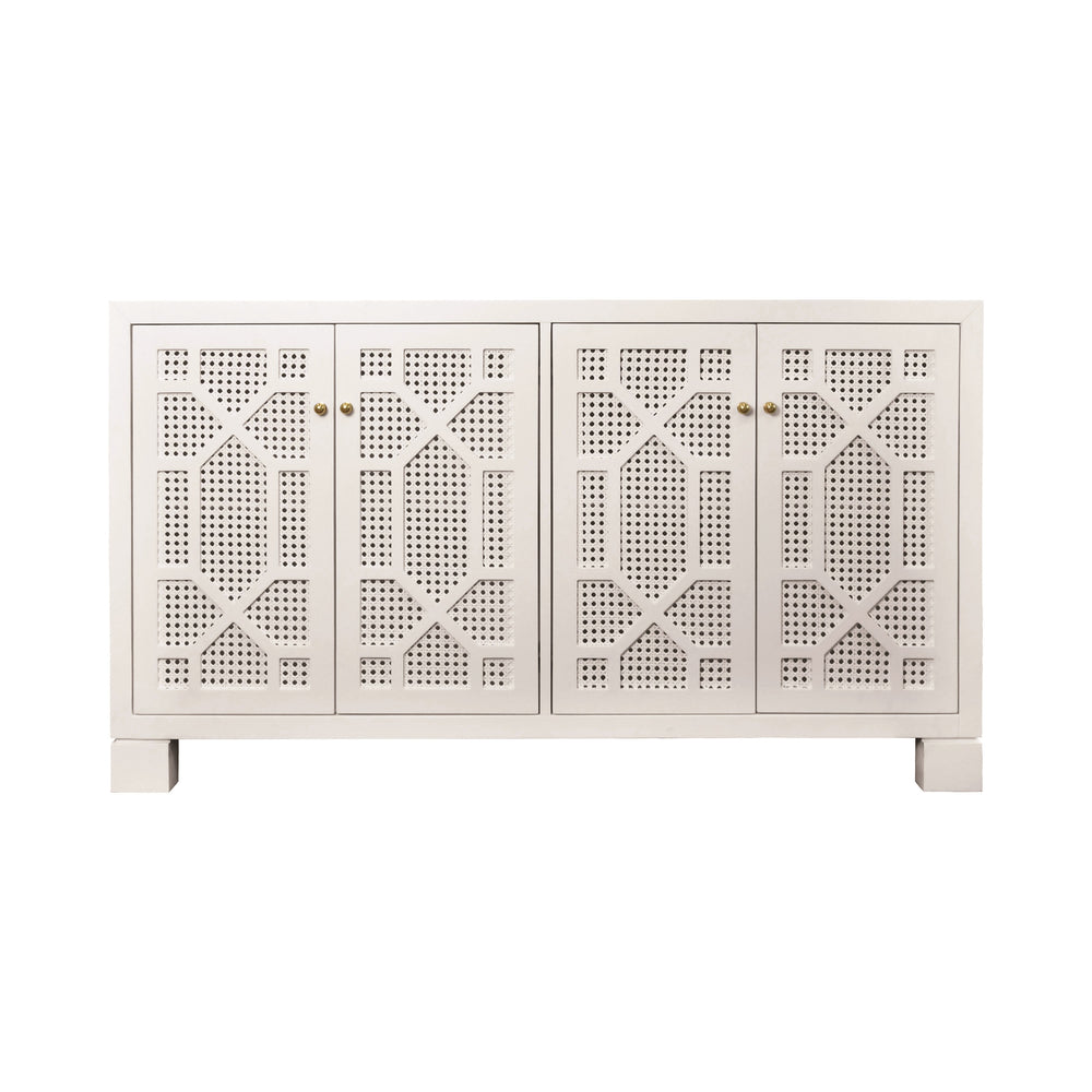 FOUR DOOR BUFFET WITH TRELLIS OVER PAINTED CANE DOORS IN MATTE WHITE LACQUER