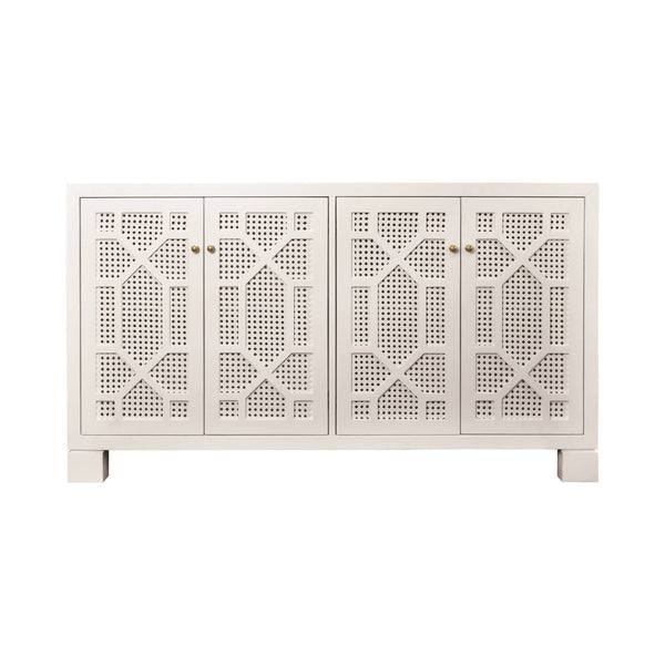 FOUR DOOR BUFFET WITH TRELLIS OVER PAINTED CANE DOORS IN MATTE WHITE LACQUER